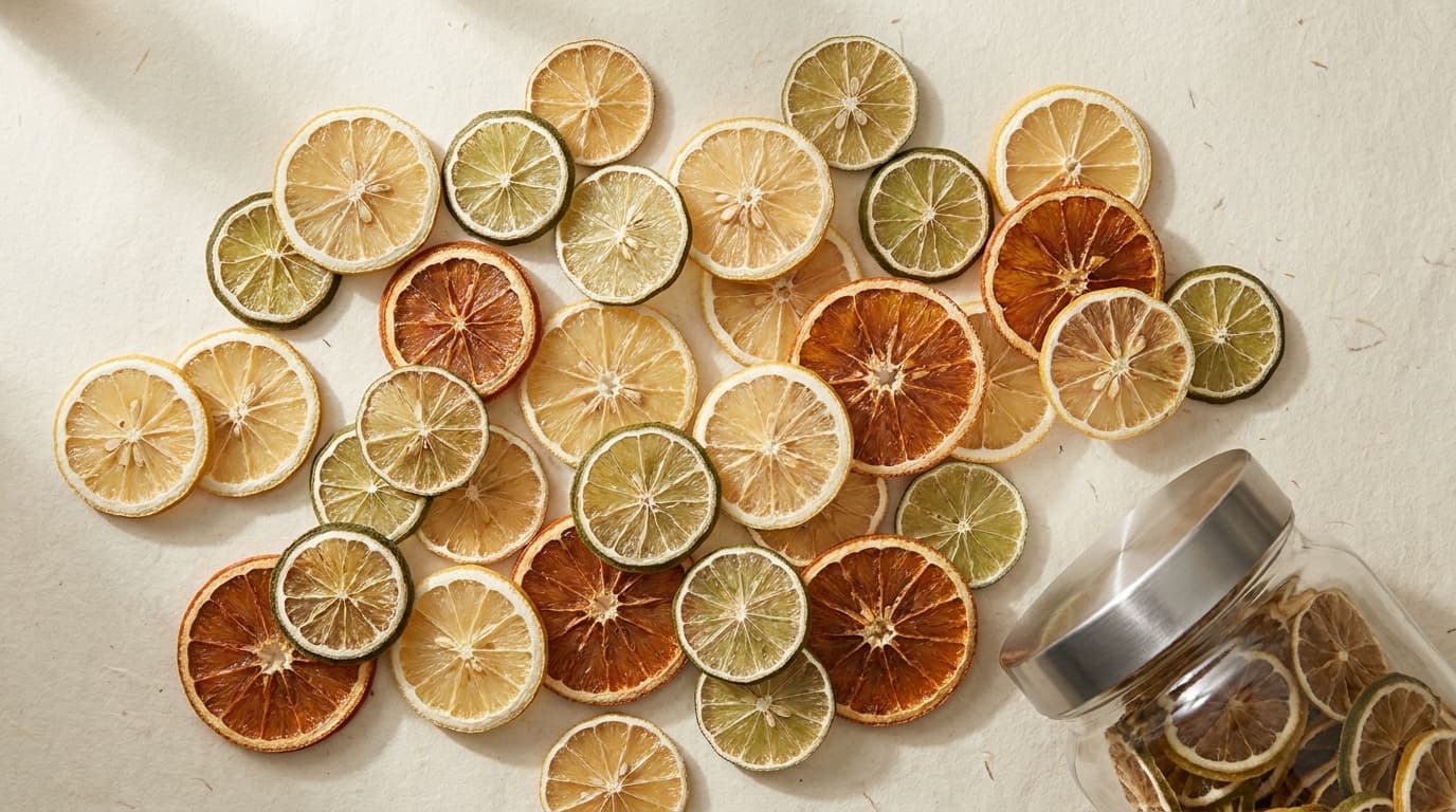 An editorial flat-lay of dried lemon, lime, and orange wheels scattered across a cream paper backdrop.