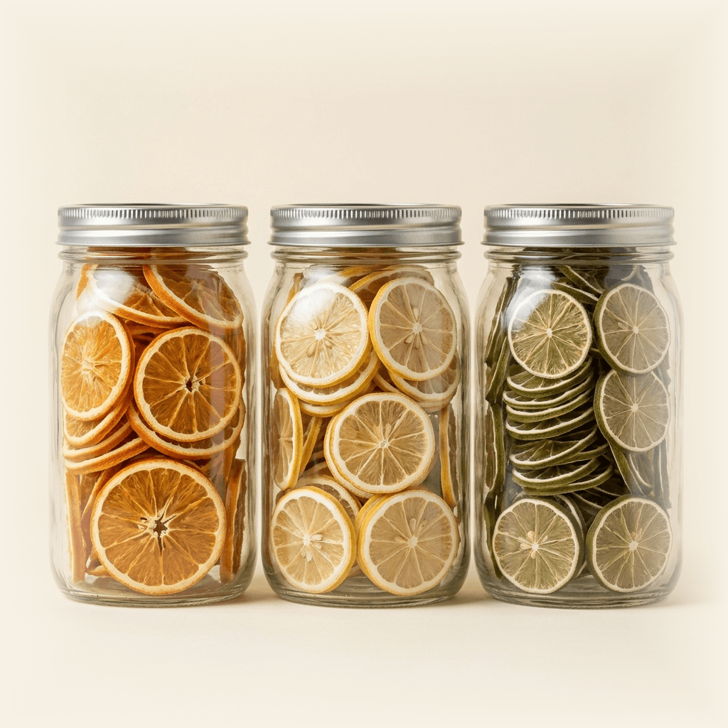Three glass jars of dried New Zealand orange, lemon, and lime wheels on a cream backdrop.