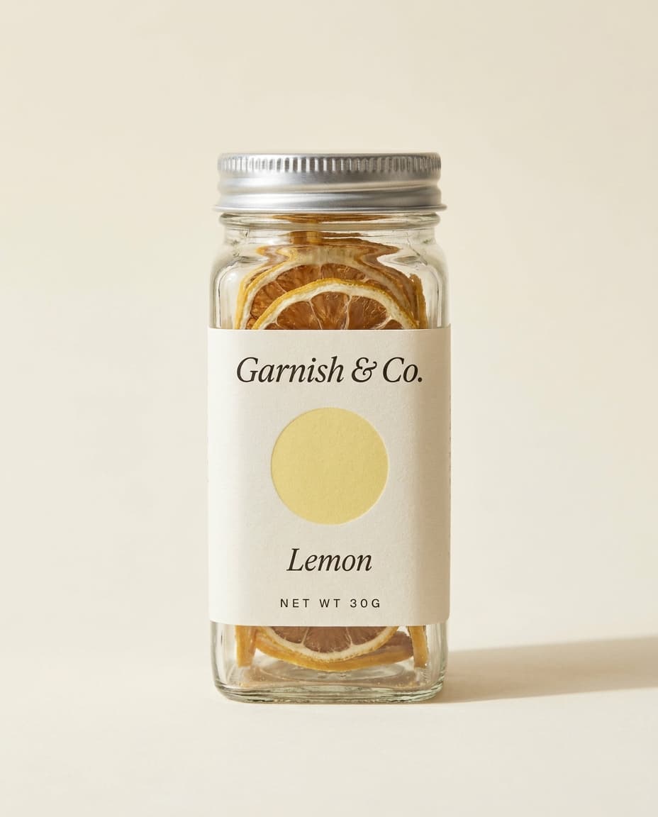 Garnish & Co. Lemon 30g jar. Dried citrus wheels in a clear glass apothecary jar with a cream paper label.