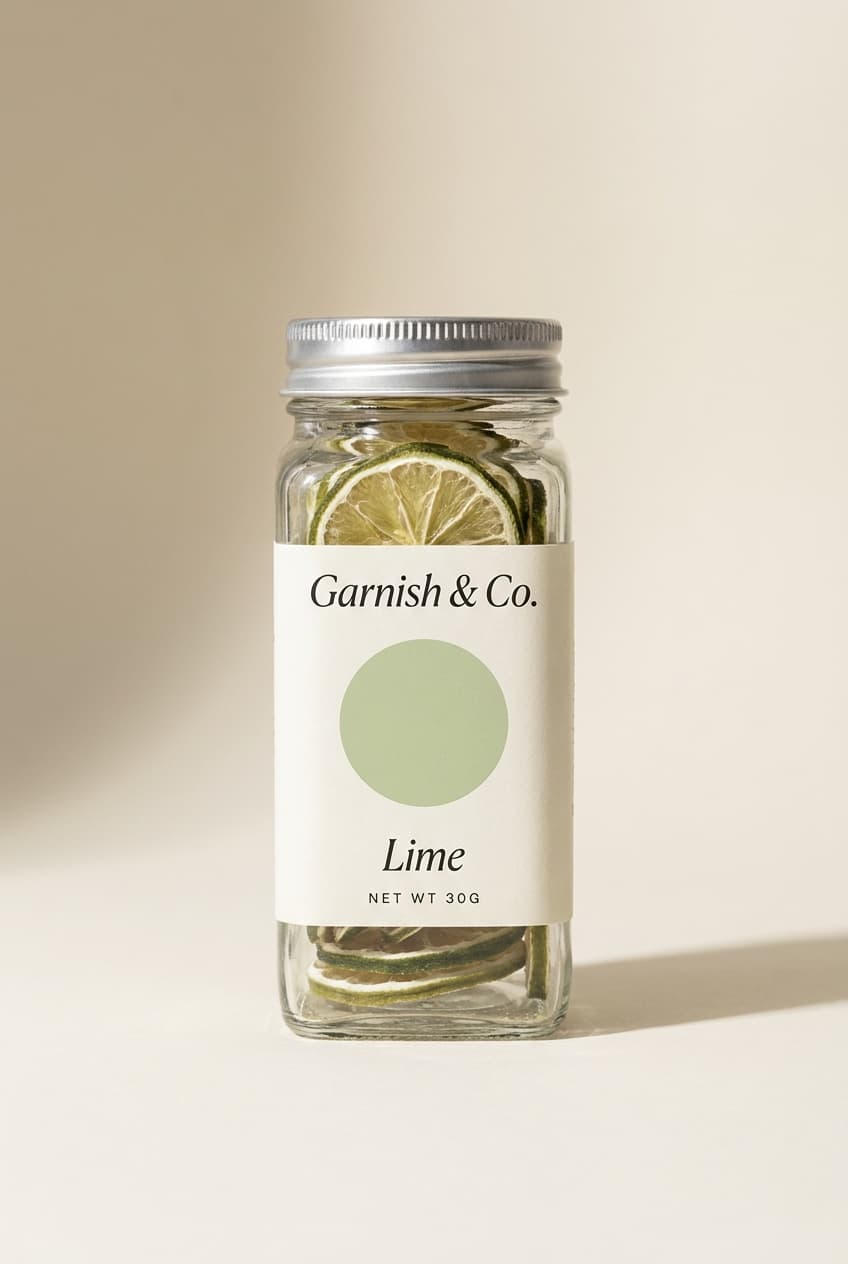 Garnish & Co. Lime 30g jar. Dried citrus wheels in a clear glass apothecary jar with a cream paper label.