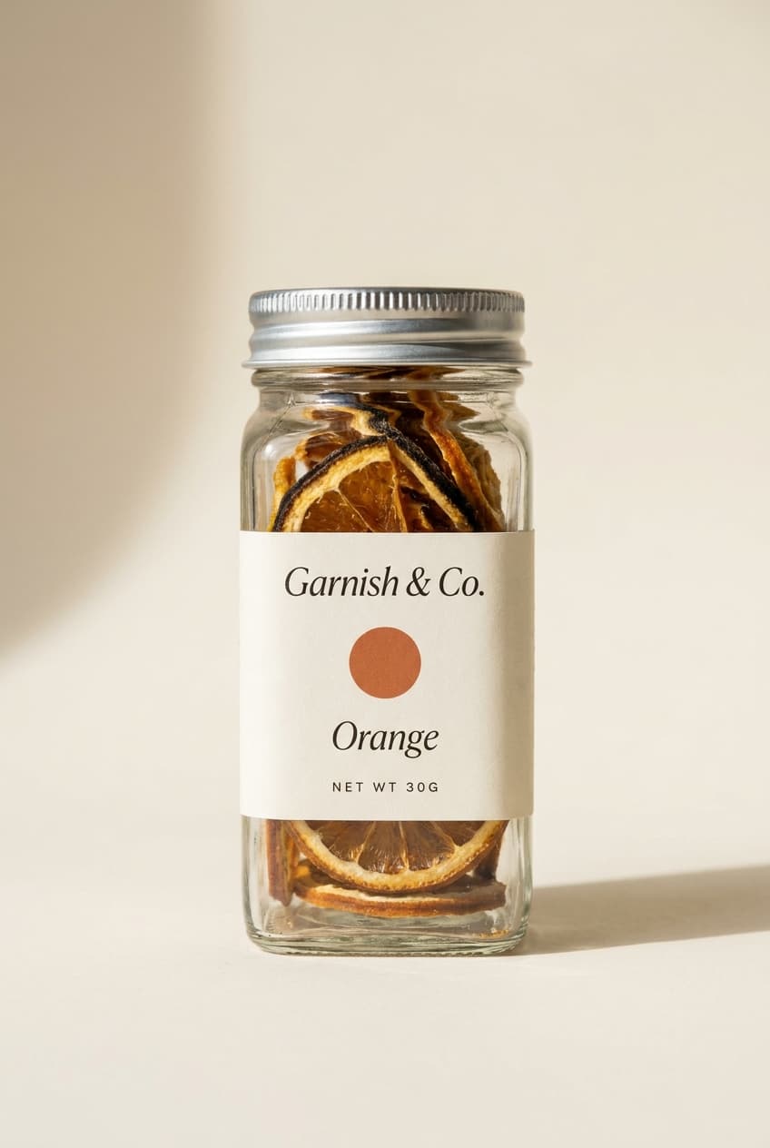 Garnish & Co. Orange 30g jar. Dried citrus wheels in a clear glass apothecary jar with a cream paper label.