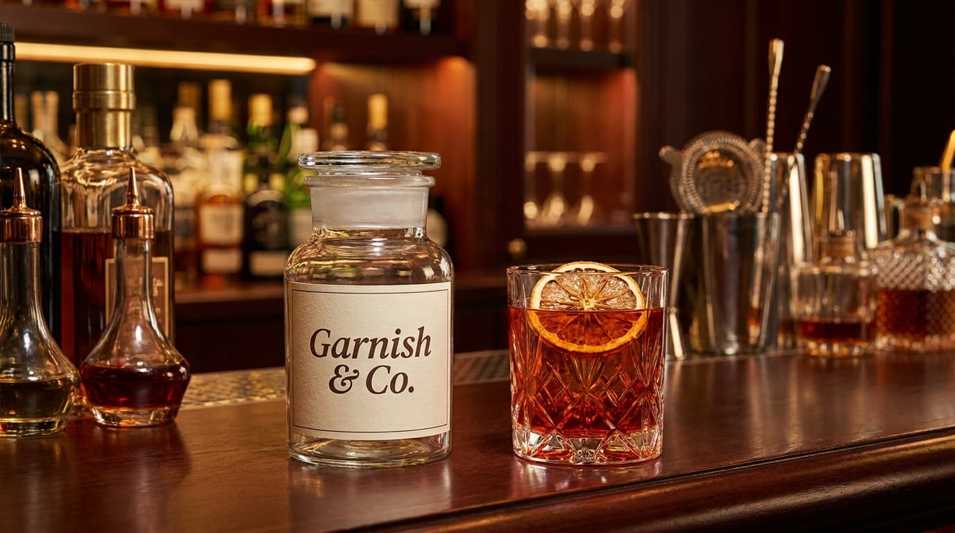 A jar of Garnish & Co. dried citrus on a polished cocktail bar counter beside a freshly-made Negroni.