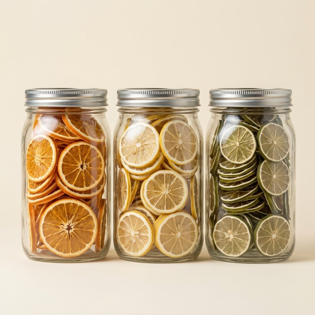 Garnish & Co. Citrus Trio — three glass jars of dried NZ orange, lemon and lime wheels.