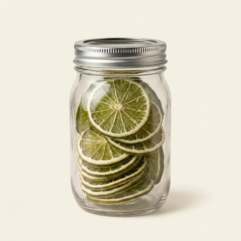 Garnish & Co. lime jar — dried New Zealand lime wheels in a glass mason jar with a brushed silver lid.