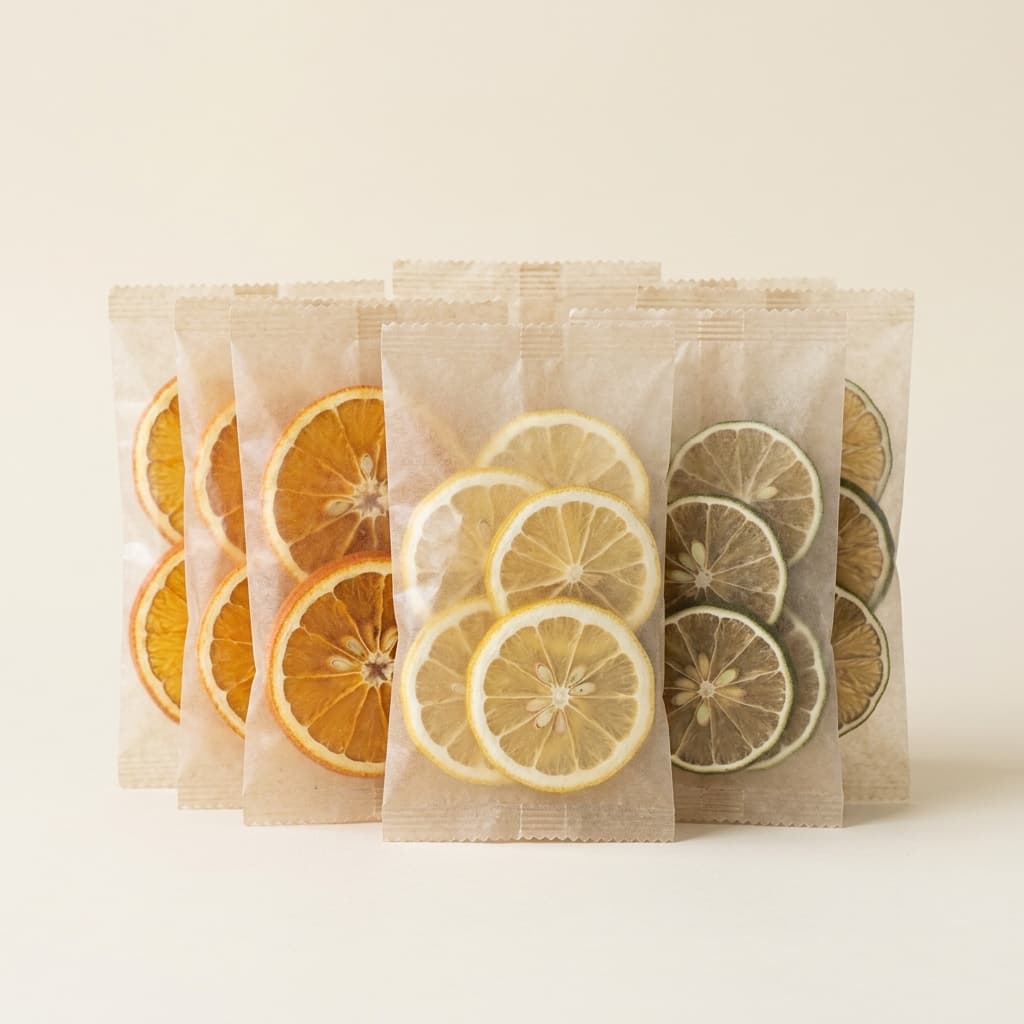 Garnish & Co. Citrus Starter Kit — glassine sachets of dried orange, lemon and lime wheels.